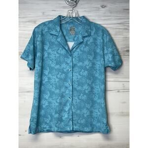 Page & Tuttle Polo Shirt Womens Medium Blue Floral Hawaiian Button Up Golf Top